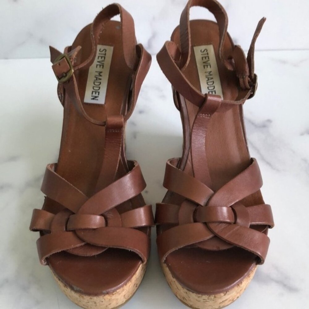 Steve Madden Brown Leather Cork Wedge Sandals Size 6